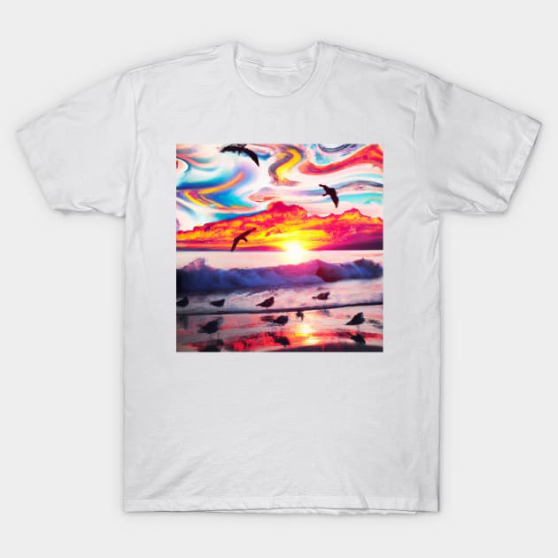 Sunset on the beach with birds T-Shirt by Cotton Candy Art